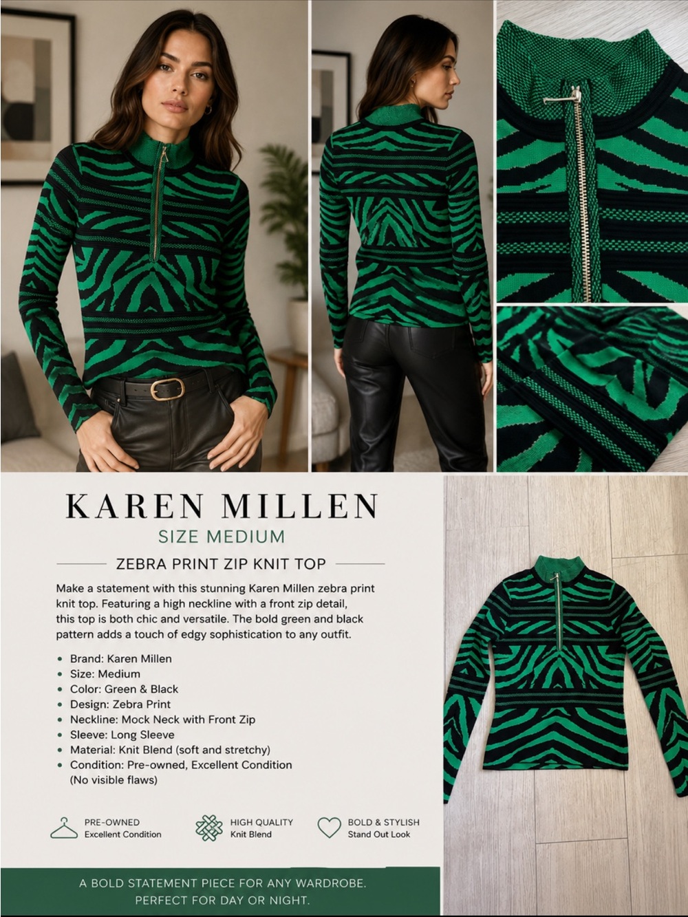 Karen Millen Green and Black Zebra-Print Zip Knit Top